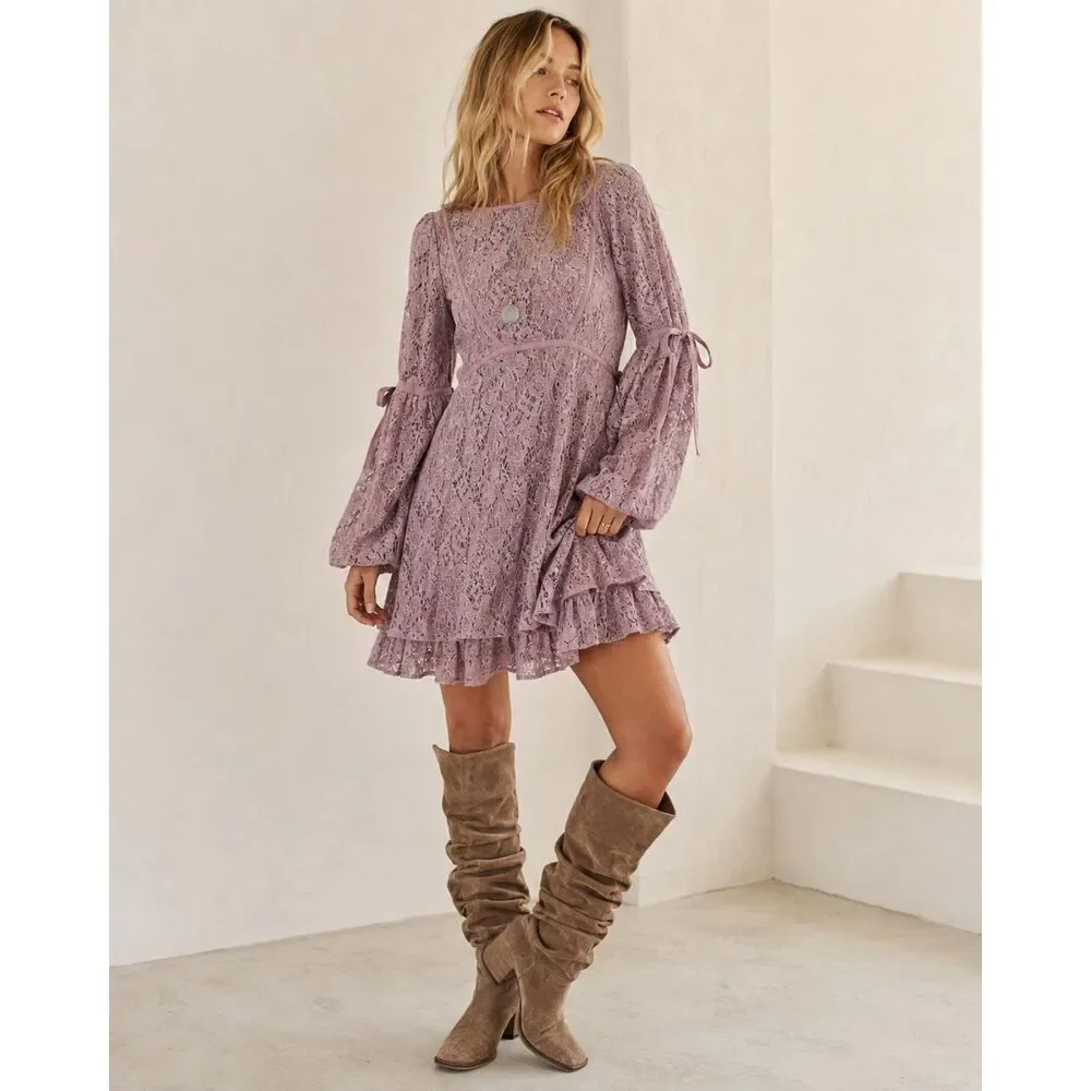 Free People Lace Mini Dress XS Babydoll Romantic Festival Chic Dusty Purple Ruby